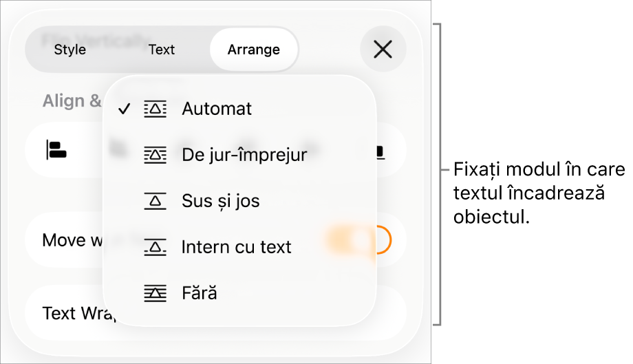 Comenzile Încadrare text cu configurări pentru Automat, De jur-împrejur, Sus și jos, Intern cu text și Nimic.
