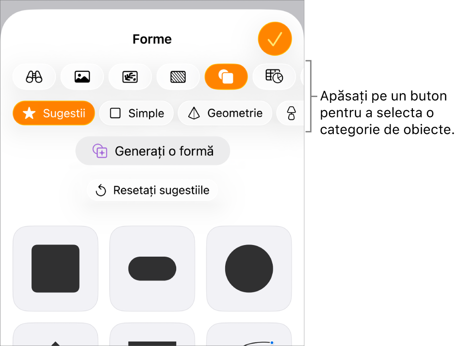 Comenzile pentru adăugarea unui obiect, cu butoane în partea de sus pentru alegerea tabelelor, a diagramelor și a formelor (inclusiv linii și casete de text) și a conținutului multimedia.