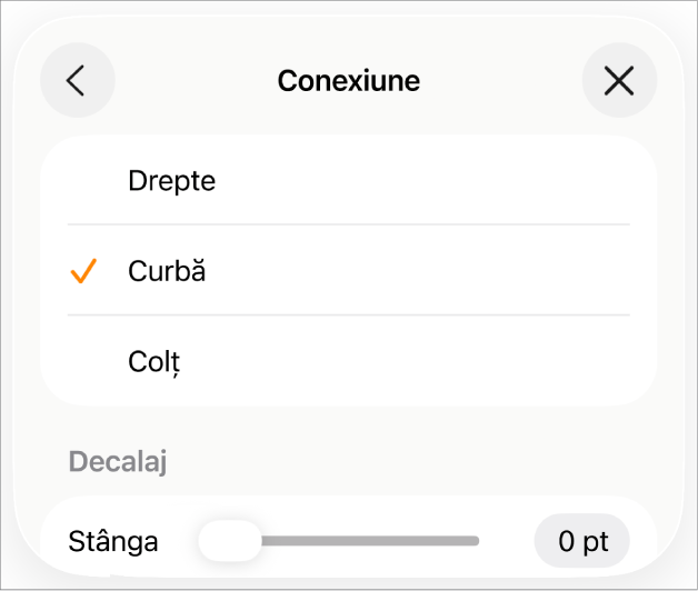 Comenzile Conexiune cu opțiunea Curbă selectată.
