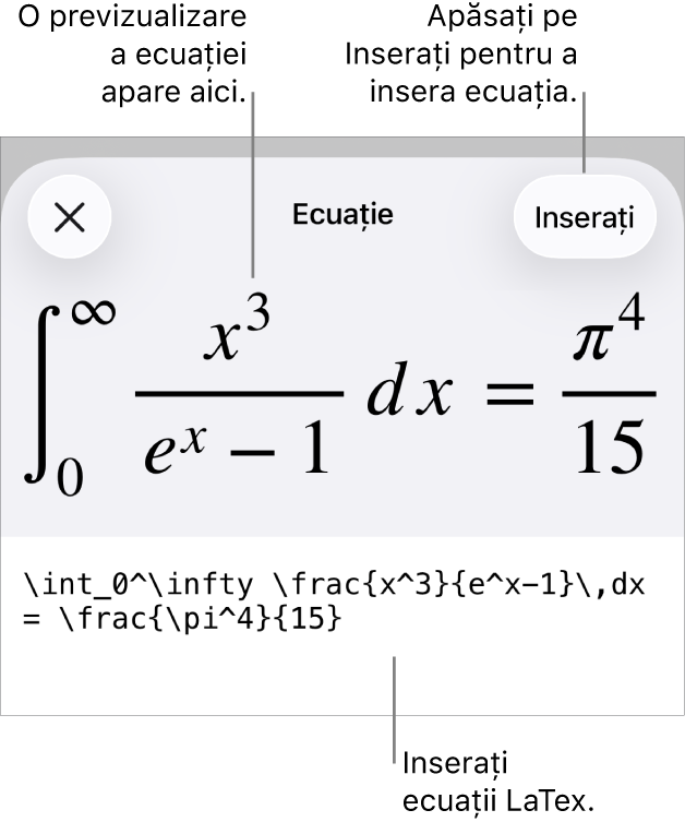 Caseta de dialog Ecuație, afișând o ecuație scrisă cu ajutorul comenzilor LaTex și, deasupra, o previzualizare a formulei.