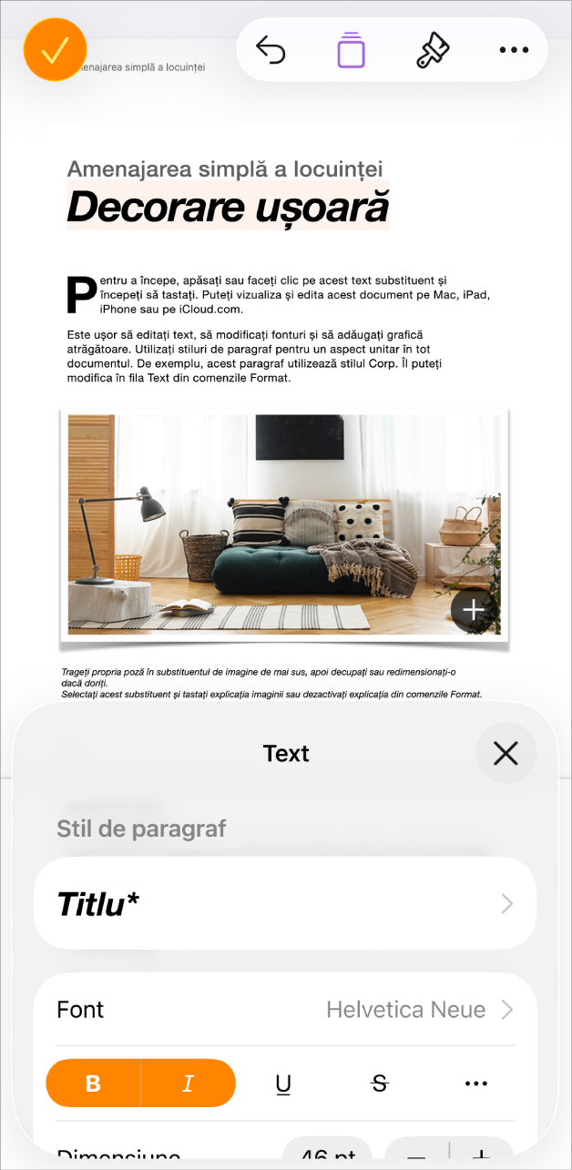 Într-un document deschis este selectat text, iar opțiunile pentru text sunt afișate în partea de jos.