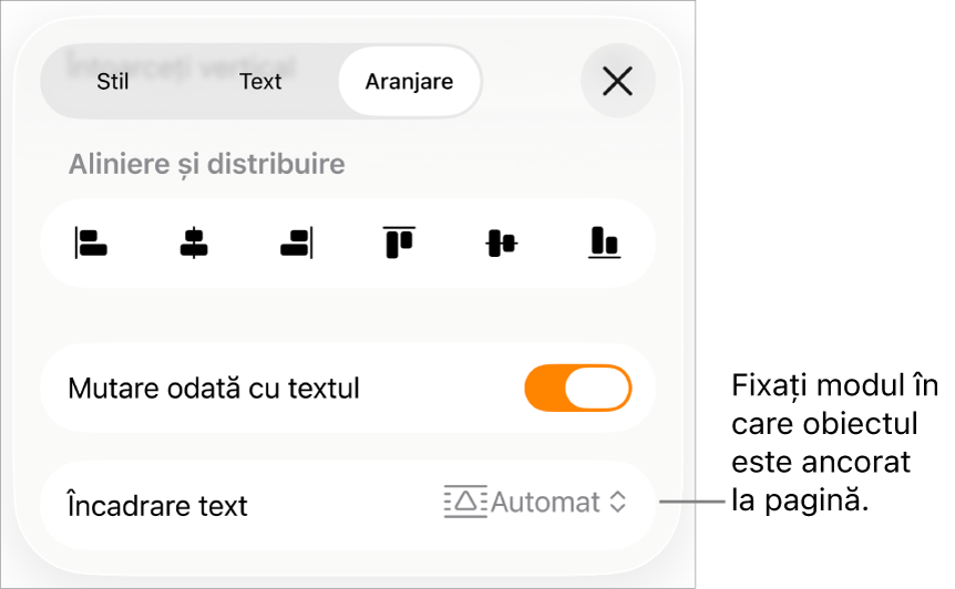 Comenzile de Aranjare cu Mutare odată cu textul și Încadrare text.