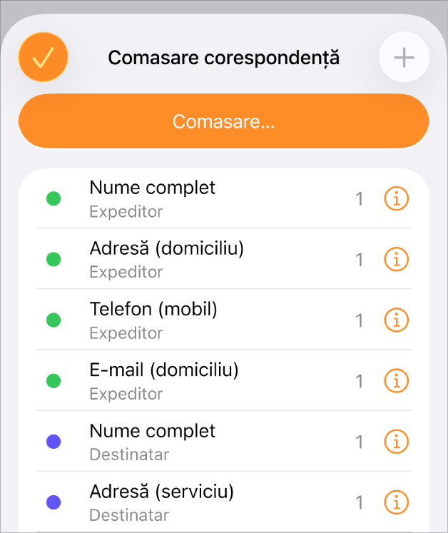 Ocurențele câmpurilor de îmbinare enumerate în meniul Comasare corespondență.