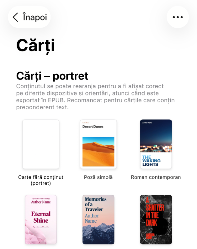 Selectorul de șabloane cu șabloanele de carte în orientarea portret în partea de sus și cu orientarea peisaj dedesubt.