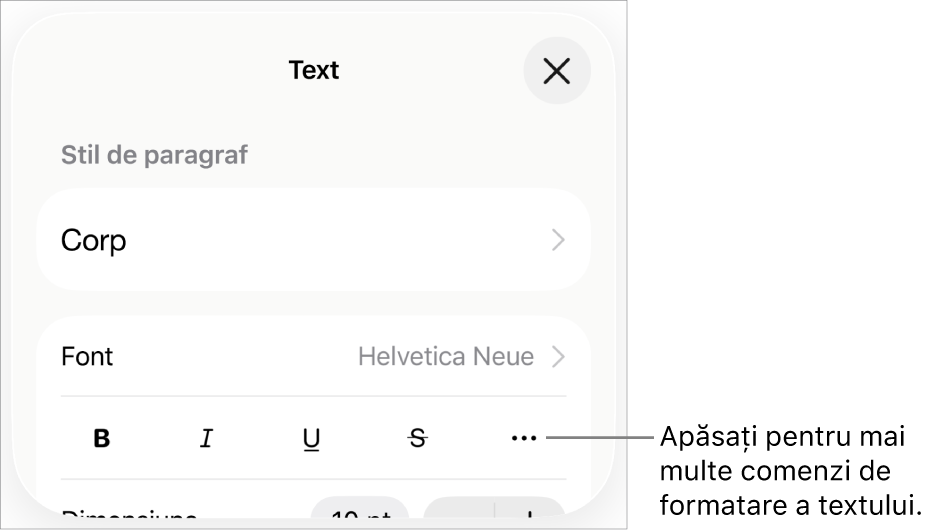 Fila Text a comenzilor Format, cu o explicație pentru butonul Alte opțiuni de text.