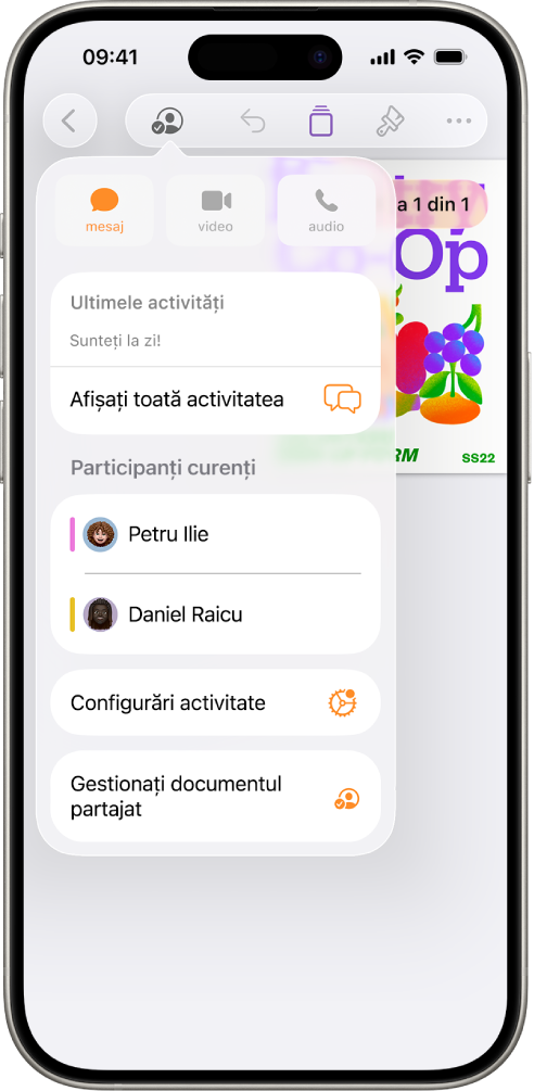 Meniul de colaborare afișând numele persoanelor care colaborează la document.