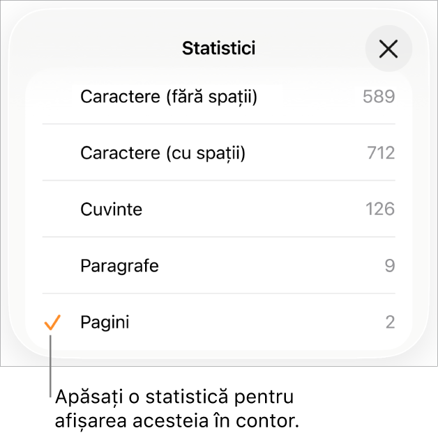 Meniul Statistici cu opțiunile de a afișa numărul de caractere fără și cu spații, numărul de cuvinte, numărul de paragrafe și numărul de pagini.