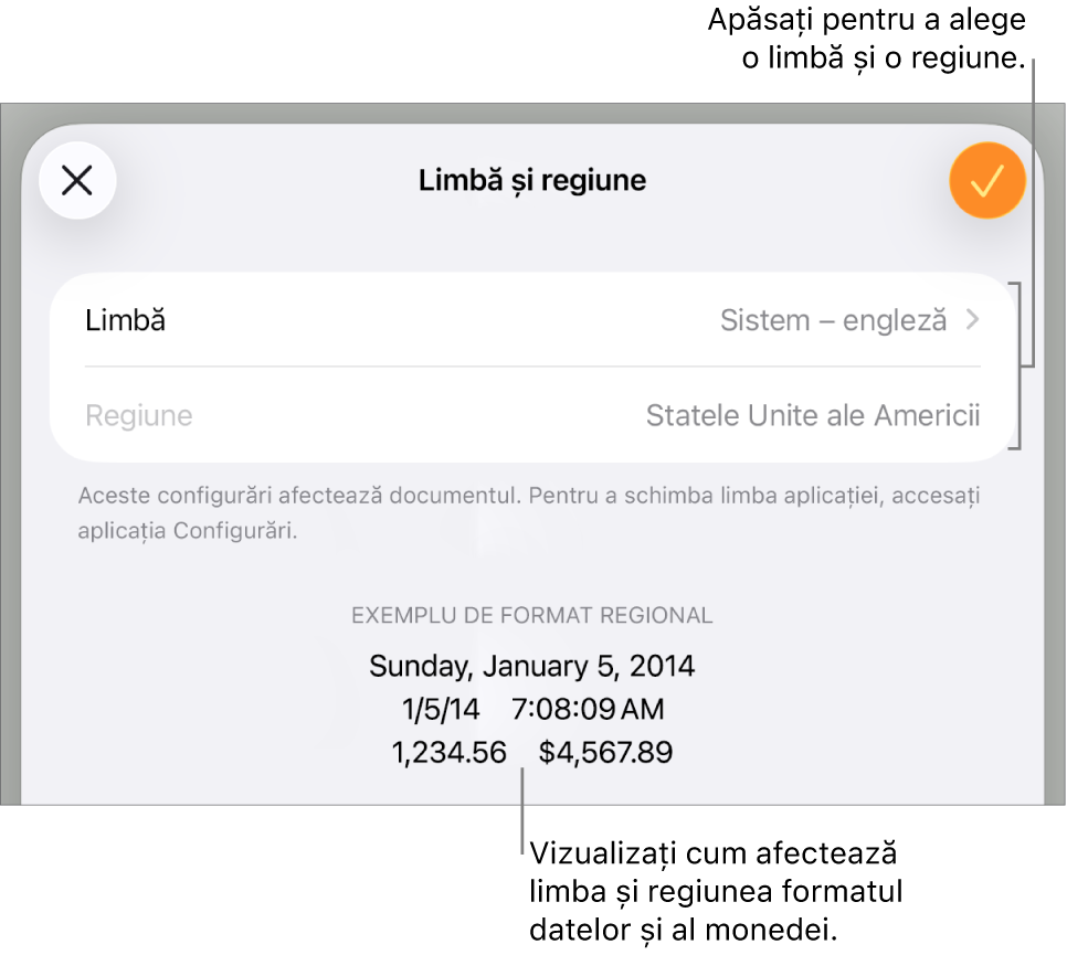 Panoul Limbă și regiune, cu comenzile pentru limbă și regiune și un exemplu de format, inclusiv data, ora, zecimale și valuta.