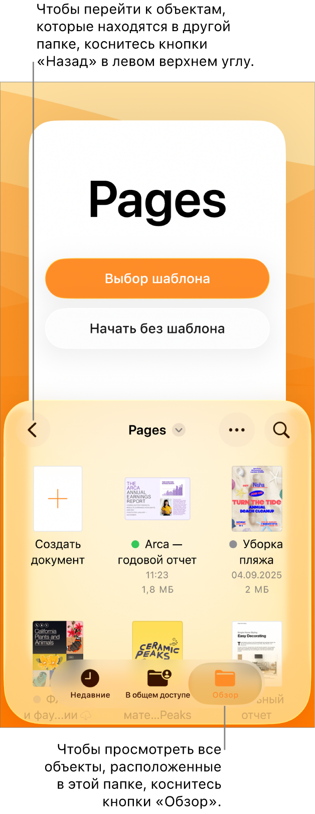 Режим просмотра в менеджере документов. В левом верхнем углу отображается кнопка «Назад», под ней находится поле поиска. Под полем поиска отображаются кнопка «Создать документ» и миниатюры существующих документов. В правом верхнем углу находятся кнопки «Добавить документ» и «Еще». Внизу экрана находятся кнопки «Недавние», «В общем доступе» и «Обзор».