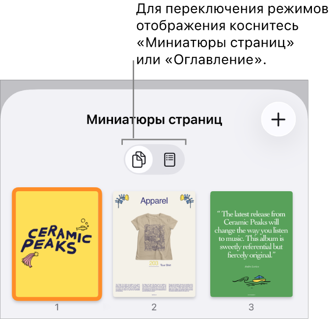 Панель «Миниатюры страниц» с миниатюрами каждой страницы. Кнопка «Миниатюры страниц» и кнопка «Оглавление» отображаются внизу экрана.
