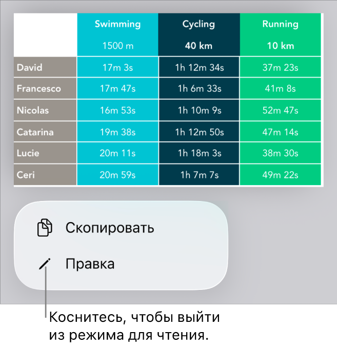 Выбрана таблица; под ней отображается меню с кнопками «Скопировать» и «Правка».