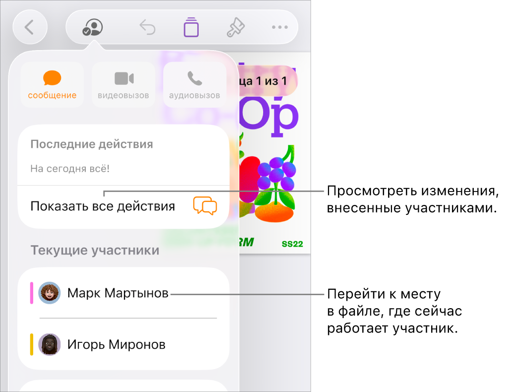 В меню совместной работы показаны активные участники.