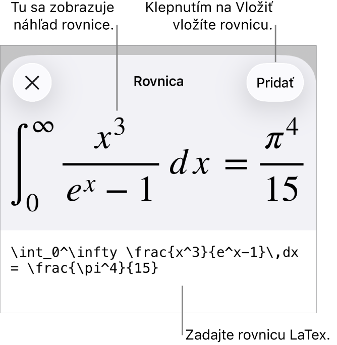 Dialógové okno Rovnica zobrazujúce rovnicu napísanú pomocou príkazov LaTeX, vyššie sa nachádza náhľad vzorca.