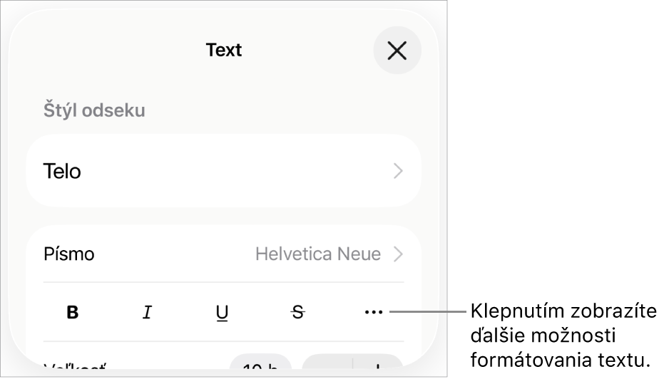 Záložka Text ovládacích prvkov Formát s bublinou pre tlačidlo Ďalšie možnosti textu.