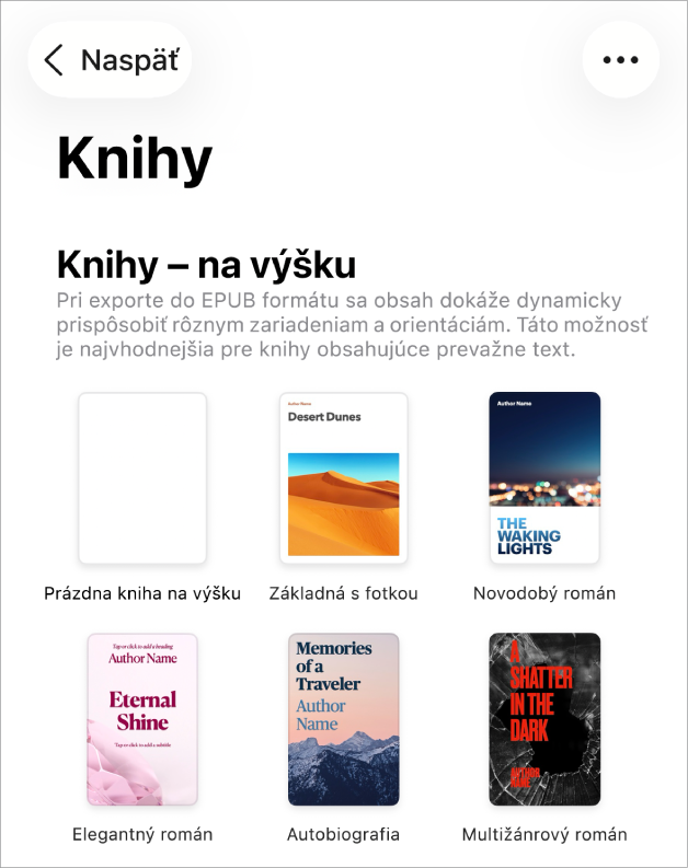 Výber šablón so šablónami kníh v orientácii na výšku v hornej časti a v orientácii na výšku nižšie.
