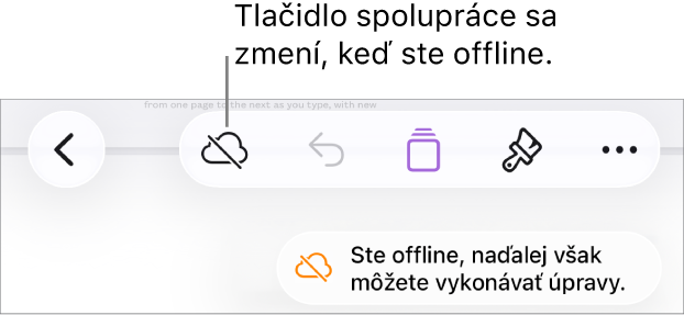 Tlačidlá v hornej časti obrazovky s tlačidlom Spolupráca zmeneným na obláčik s diagonálnou čiarou. Upozornenie na obrazovke s oznámením Ste offline, ale naďalej môžete upravovať.