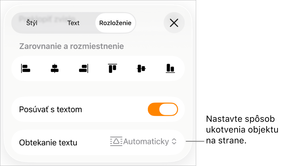 Ovládacie prvky usporiadania s možnosťami Presunúť s textom a Obtekanie textu.
