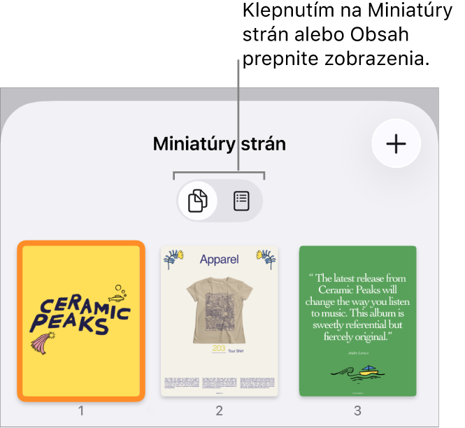 Zobrazenie Miniatúry strán s miniatúrami jednotlivých strán. Tlačidlá Miniatúry strán a Obsah sa nachádzajú v dolnej časti obrazovky.
