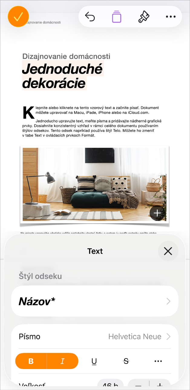 V otvorenom dokumente je označený text a v spodnej časti sa zobrazujú možnosti textu.