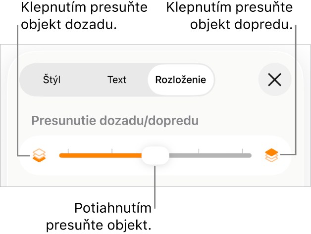 Tlačidlo Presunúť dozadu, tlačidlo Presunúť dopredu a posuvník vrstiev.