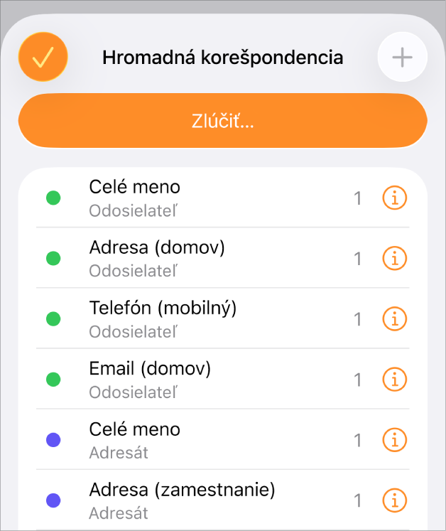 V menu Hromadná korešpondencia je uvedený zoznam inštancií zlučovacích polí.