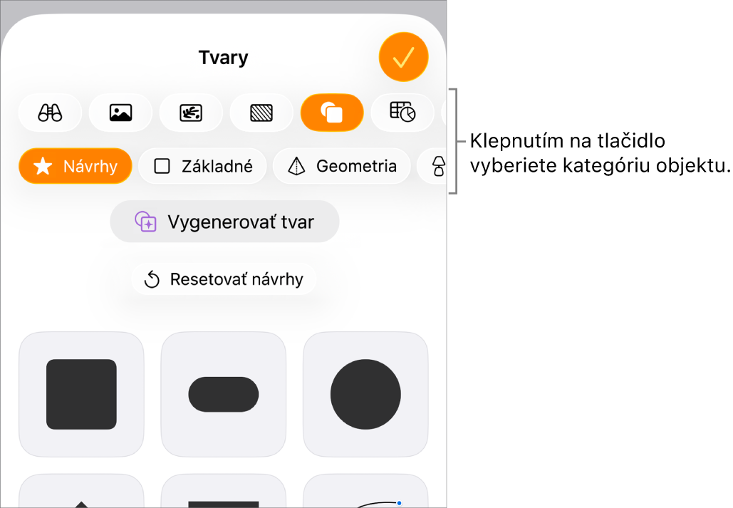 Ovládacie prvky na pridávanie objektu s tlačidlami v hornej časti na výber tabuliek, grafov a tvarov (vrátane čiar a textových polí), a médií.