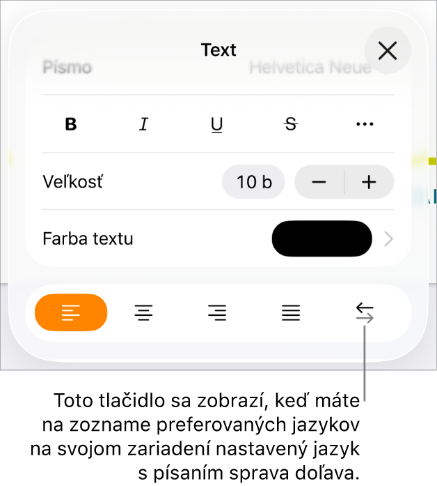Ovládacie prvky v menu Formát s bublinou pre tlačidlo Sprava doľava.