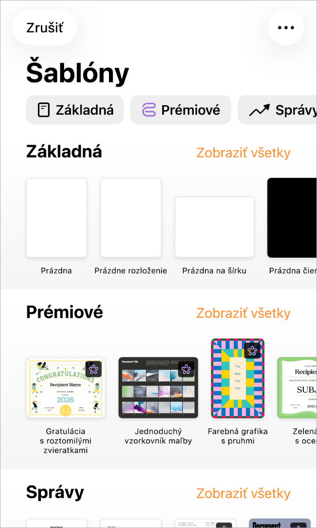 Výber šablón zobrazujúci v hornej časti riadok kategórií, na ktoré môžete klepnúť a filtrovať tak možnosti. Nižšie sú miniatúry preddefinovaných šablón zoradených podľa kategórií do riadkov. Zoznam začína v hornej časti kategóriou Nové a nasledujú Posledné a Základné. V hornej časti napravo od každého riadka kategórie sa zobrazí tlačidlo Zobraziť všetky. Tlačidlo Jazyk a Región sa nachádza v pravom hornom rohu.