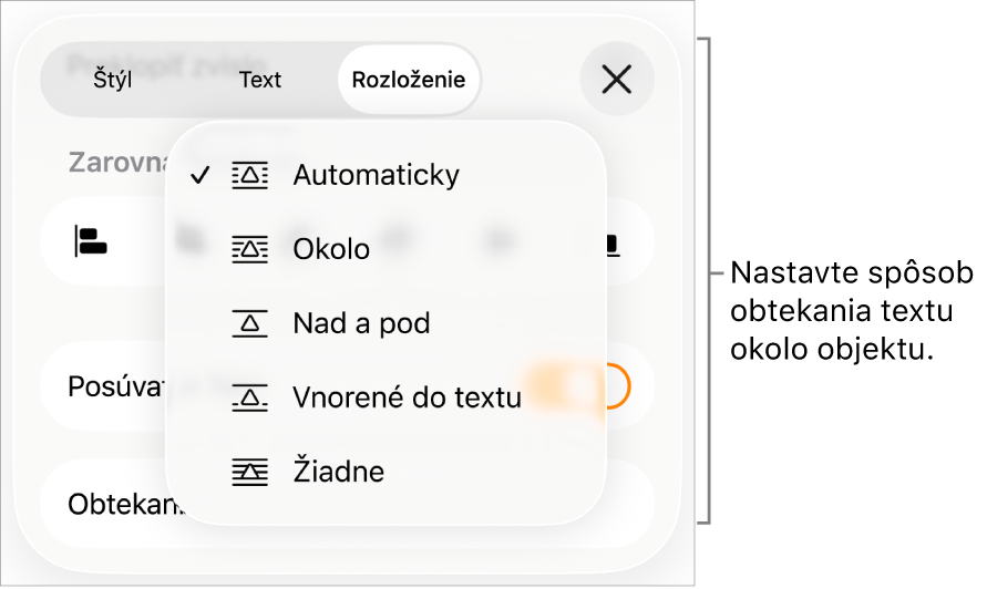 Ovládacie prvky Obtekanie textu s možnosťami Automatické, Dookola, Nad a pod, Vnorené do textu a Žiadne.