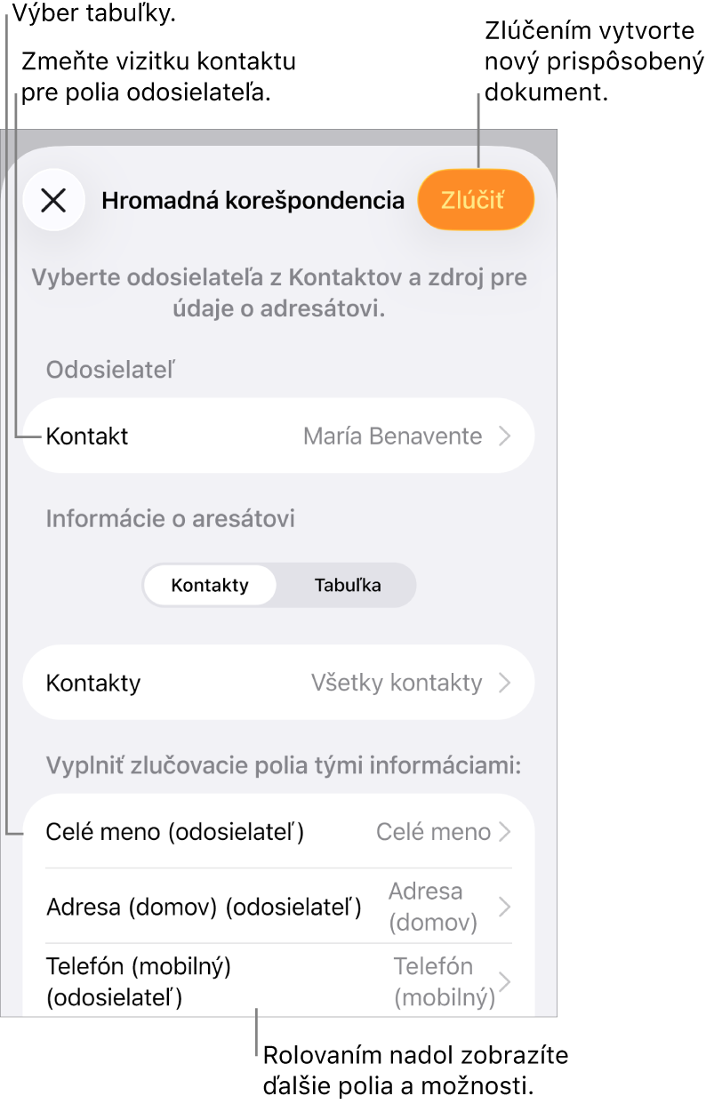 Panel Zlučovacie polia je otvorený s možnosťami na výber informácií o odosielateľovi, zmenu zdrojového súboru alebo tabuľky, ukážku názvov zlučovacích polí alebo na zlúčenie dokumentu.