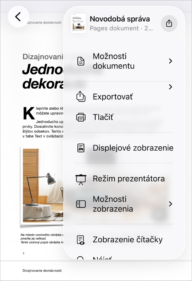 Zobrazuje sa menu Zdieľať s možnosťami odoslania v hornej časti a možnosťami Kopírovať, Exportovať a odoslať, Tlačiť, Nová rýchla poznámka, Pridať tagy a Uložiť do Súborov v spodnej časti.