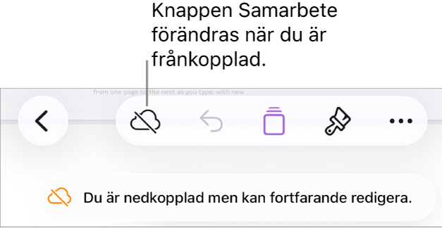 Knapparna överst på skärmen med knappen Samarbete ändrad till ett moln med ett diagonalt streck genom det. Ett meddelande på skärmen säger Du är nedkopplad men kan fortfarande redigera.