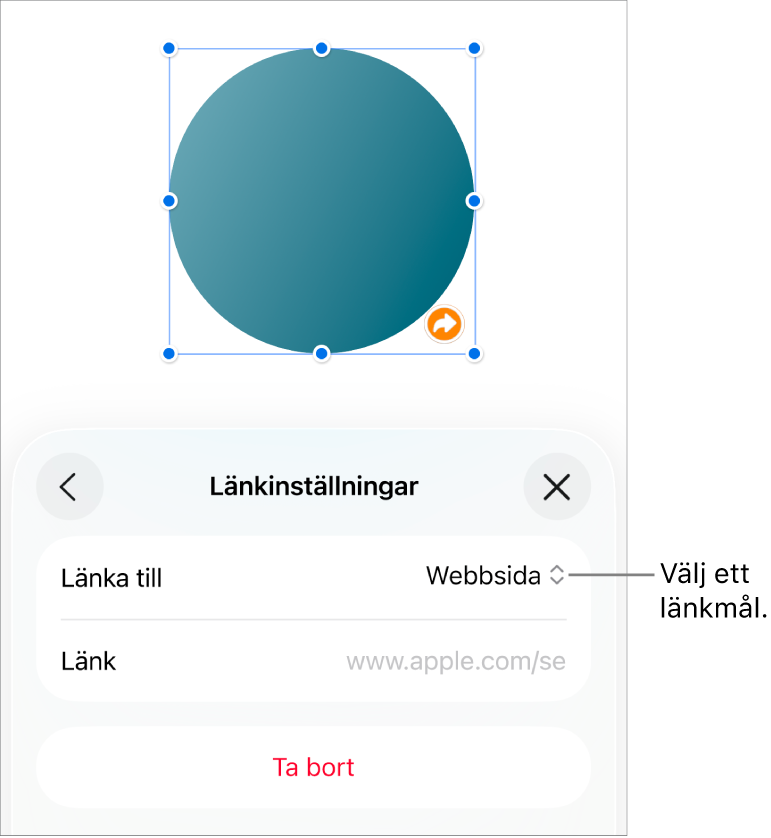 Reglage för länkinställningar med Webbsida markerat och knappen Ta bort längst ned.