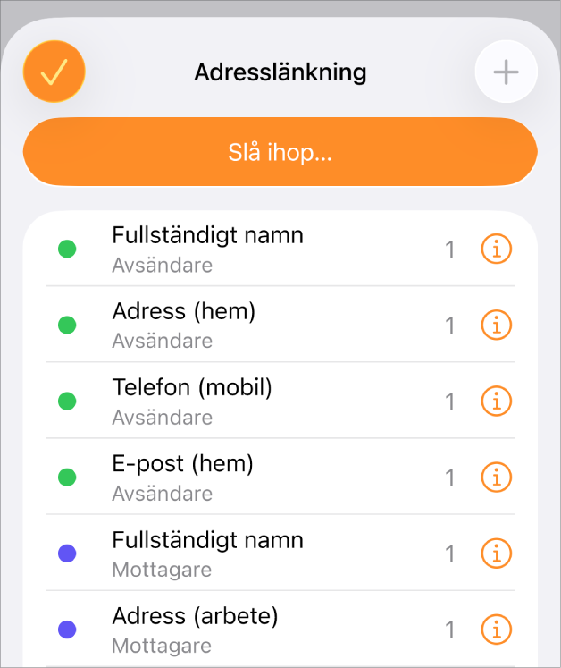 Instanserna av datalänkfälten som listas i menyn Adresslänkning.