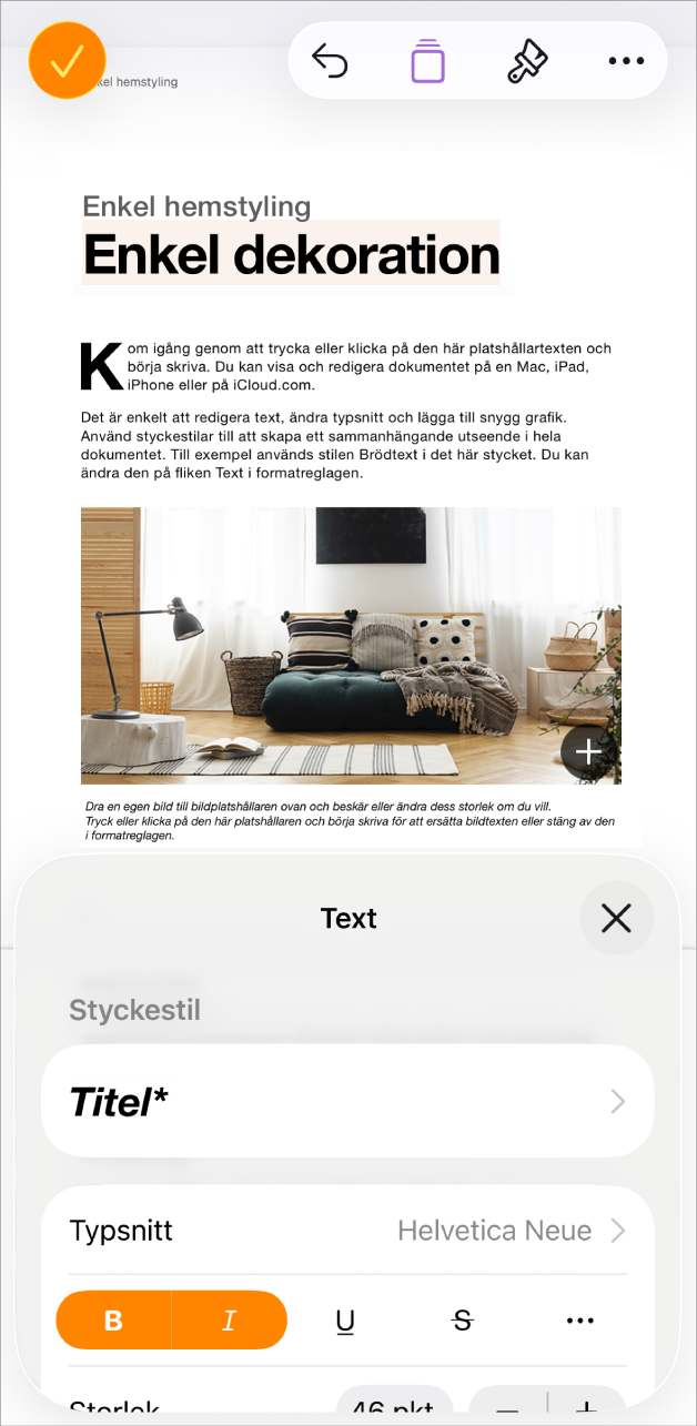 Text är markerad i ett öppet dokument och textalternativ visas längst ned.