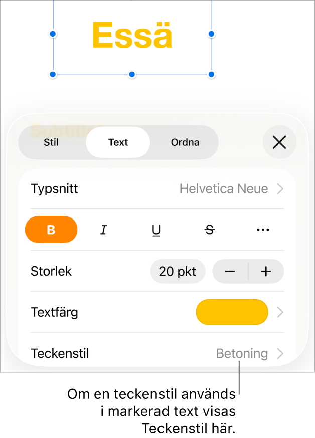Reglagen för textformatering med Teckenstil under färgreglagen. Teckenstilen Ingen visas med en asterisk.