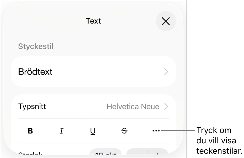 Formatreglagen med knappar för fetstil, kursiv skrift, understrykning, genomstrykning och fler textalternativ.