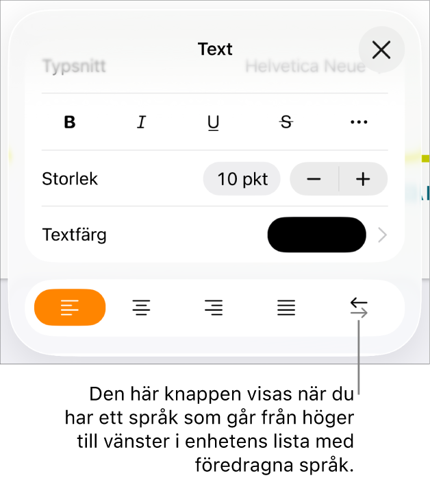 Textreglage i menyn Format med en linje som pekar på höger-till-vänsterknappen.