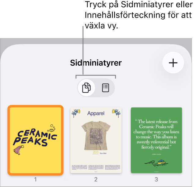 Sidminiatyrvyn med sidminiatyrer för varje sida. Längst ned på skärmen finns knapparna Sidminiatyrer och Innehållsförteckning.