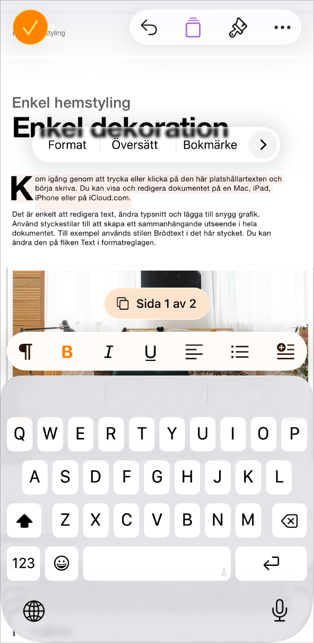 I ett öppet dokument är mallplatshållartext markerad.