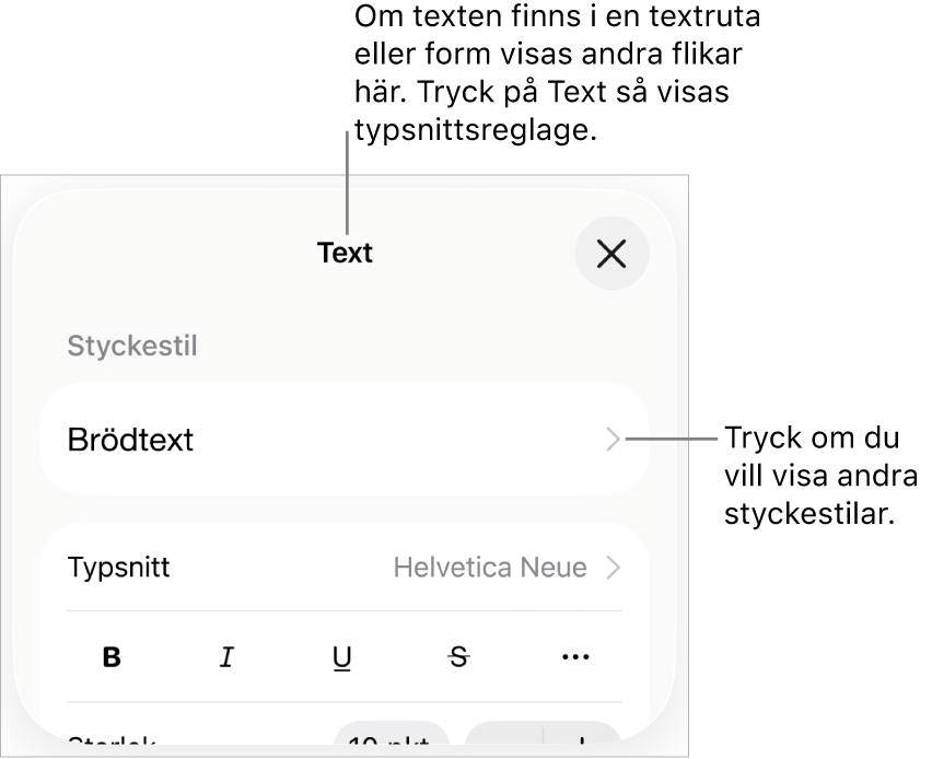 Menyn Format med textreglage för att ställa in stycke- och teckenstilar, typsnitt, storlek och färg.
