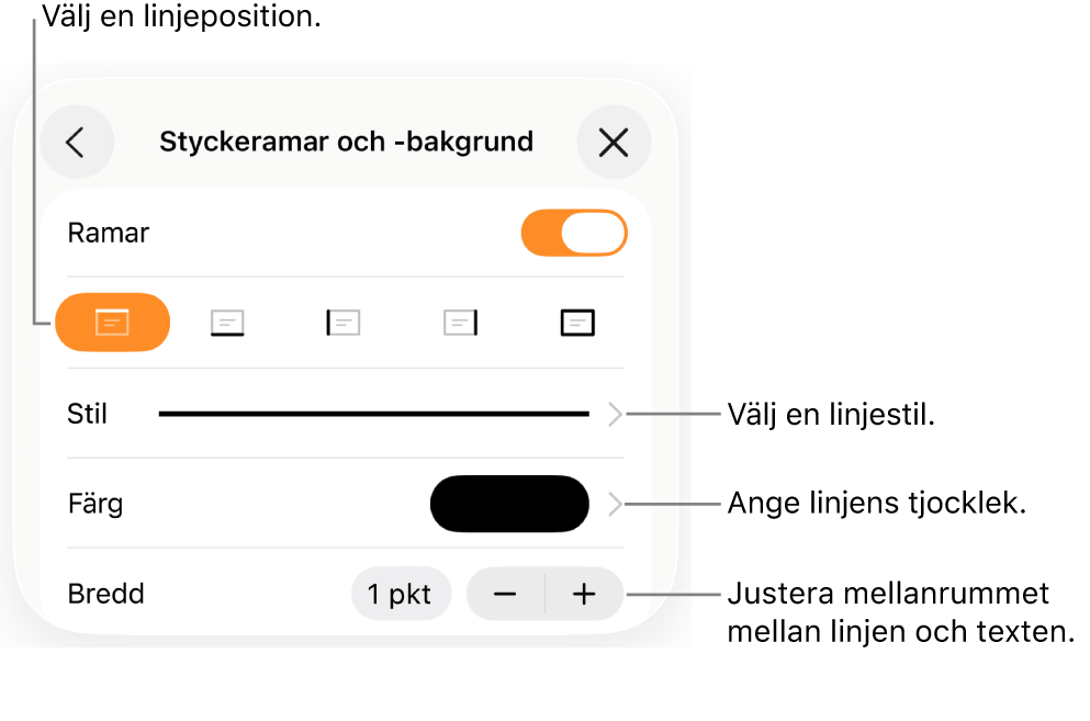 Reglage som ändrar linjens stil, tjocklek, placering och färg.