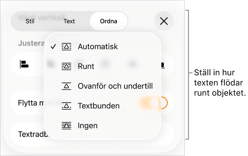 Textradbrytningsreglagen med inställningar för Automatiskt, Runt, Ovanför och nedanför, Textbunden och Ingen.