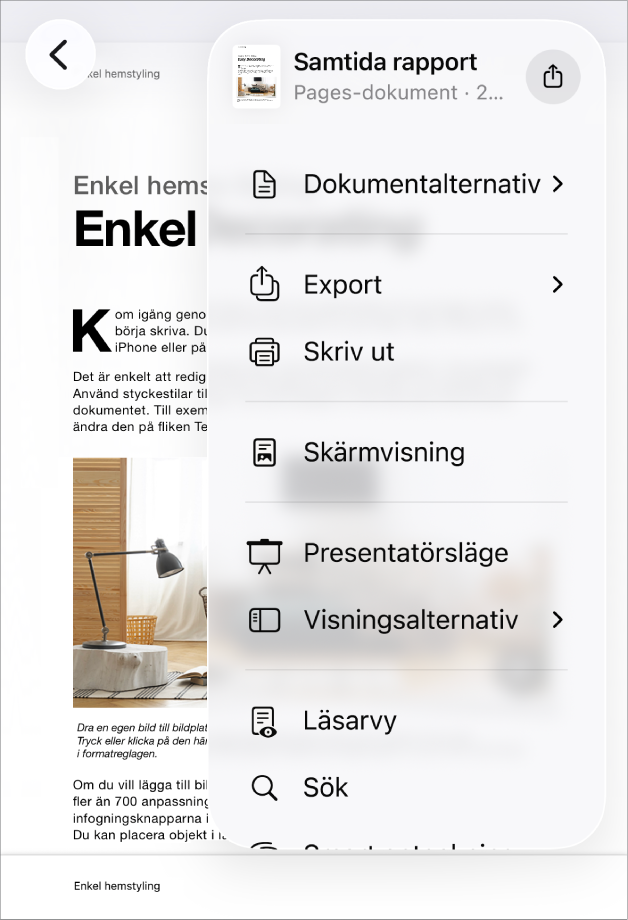 Menyn Dela visas med sändningsalternativ överst och nedanför finns alternativen Kopiera, Exportera och skicka, Skriv ut, Ny snabbanteckning, Lägg till taggar och Spara i Filer.