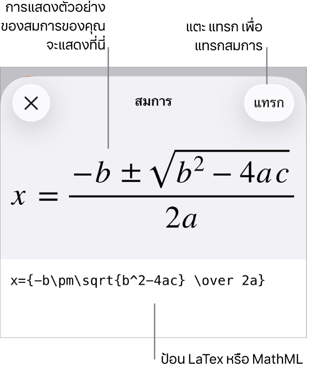 หน้าต่างโต้ตอบสมการ ที่แสดงสมการที่เขียนโดยใช้คำสั่ง MathML และการแสดงตัวอย่างของสูตรด้านบน