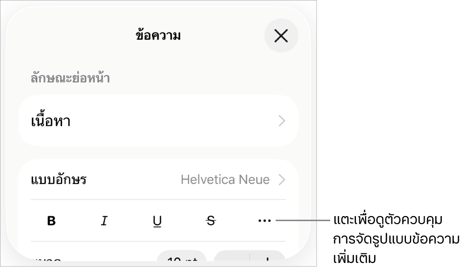 แถบข้อความของตัวควบคุมรูปแบบพร้อมคำอธิบายของปุ่มตัวเลือกข้อความเพิ่มเติม