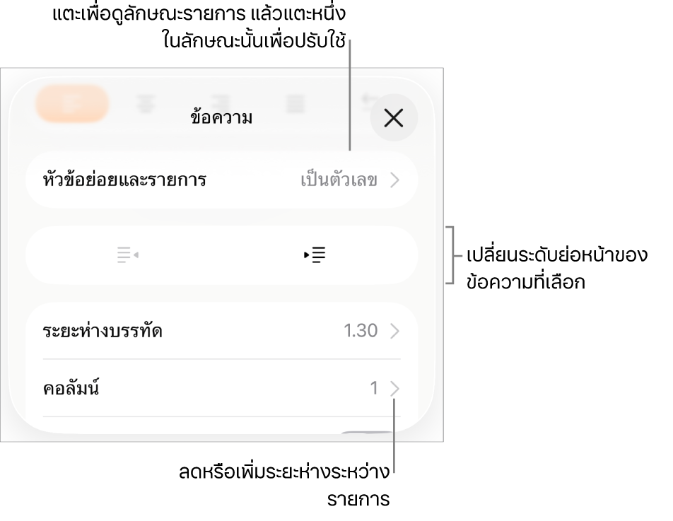 ส่วนสัญลักษณ์ย่อยและรายการของตัวควบคุมรูปแบบที่มีคำบรรยายสำหรับสัญลักษณ์ย่อยและรายการ ปุ่มการเยื้องออกและการเยื้องเข้า และตัวควบคุมระยะห่างบรรทัด