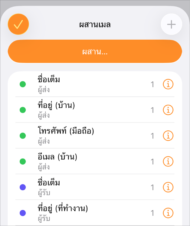 รายการช่องผสานแสดงในเมนูผสานเมล