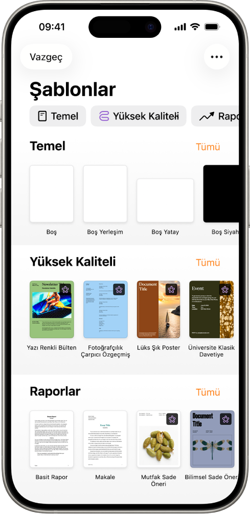 Üst taraf boyunca seçenekleri filtrelemek için dokunabileceğiniz kategori satırını gösteren şablon seçici. Altta, kategoriye göre satırlar halinde düzenlenmiş önceden tasarlanmış şablonların küçük resimleri yer alır; en üstte Yeni ile başlar, ardından Son Kullanılanlar ve Temel gelir. Yukarıda ve her bir kategori satırının üstünde Tümünü Gör düğmesi görünür.