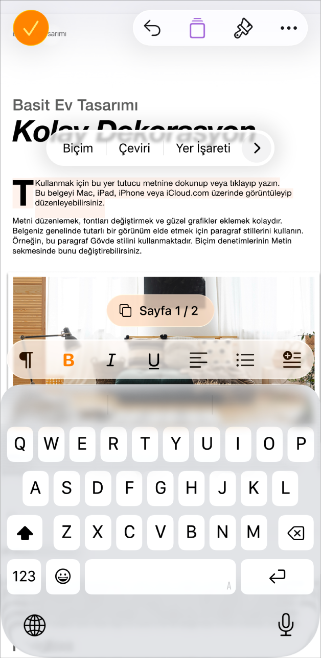 Açık bir belgede şablon yer tutucu metni seçili.